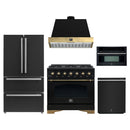 Forno Antico 5-Piece Appliance Package - 36-Inch Dual Fuel Range, 36-Inch Hood, 36-Inch Refrigerator, 24-Inch Dishwasher, & 30-Inch Microwave Oven in Black with Antique Brass Trim
