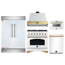 Forno 5-Piece Appliance Package - 36-Inch Dual Fuel Range, Wall Mount Range Hood, 60-Inch Refrigerator, Dishwasher, & 24-Inch Microwave Drawer in White with Antique Brass Handle