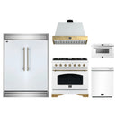 Forno 5-Piece Appliance Package - 36-Inch Dual Fuel Range, Wall Mount Range Hood, 60-Inch Refrigerator, Dishwasher, & 24-Inch Microwave Drawer in White with Antique Brass Handle