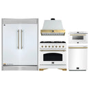 Forno 5-Piece Appliance Package - 36-Inch Antico Dual Fuel Range, Wall Mount Range Hood, 60-Inch Refrigerator, Dishwasher, & 24-Inch Microwave Drawer in White with Antique Brass Handle