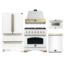Forno Antico 5-Piece Appliance Package - 36-Inch Dual Fuel Range, 36-Inch Hood, 36-Inch Refrigerator, 24-Inch Dishwasher, & 24-Inch Microwave Drawer in White with Antique Brass Trim