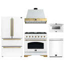 Forno Antico 5-Piece Appliance Package - 36-Inch Dual Fuel Range, 36-Inch Hood, 36-Inch Refrigerator, 24-Inch Dishwasher, & 24-Inch Microwave Drawer in White with Antique Brass Trim