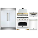 Forno 5-Piece Appliance Package - 36-Inch Antico Dual Fuel Range, Wall Mount Range Hood, 60-Inch Refrigerator, Dishwasher, & 30-Inch Microwave Drawer in White with Antique Brass Handle