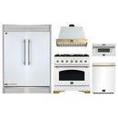 Forno 5-Piece Appliance Package - 36-Inch Antico Dual Fuel Range, Wall Mount Range Hood, 60-Inch Refrigerator, Dishwasher, & 30-Inch Microwave Drawer in White with Antique Brass Handle