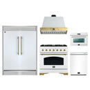 Forno 5-Piece Appliance Package - 36-Inch Antico Dual Fuel Range, Wall Mount Range Hood, 60-Inch Refrigerator, Dishwasher, & 24-Inch Microwave Oven in White with Antique Brass Handle