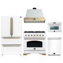 Forno Antico 5-Piece Appliance Package - 36-Inch Dual Fuel Range, 36-Inch Hood, 36-Inch Refrigerator, 24-Inch Dishwasher, & 24-Inch Microwave Oven in White with Antique Brass Trim