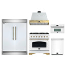 Forno 5-Piece Appliance Package - 36-Inch Antico Dual Fuel Range, Wall Mount Range Hood, 60-Inch Refrigerator, Dishwasher, & 30-Inch Microwave Oven in White with Antique Brass Handle