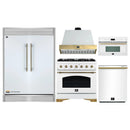 Forno 5-Piece Appliance Package - 36-Inch Antico Dual Fuel Range, Wall Mount Range Hood, 60-Inch Refrigerator, Dishwasher, & 30-Inch Microwave Oven in White with Antique Brass Handle