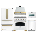 Forno Antico 5-Piece Appliance Package - 36-Inch Dual Fuel Range, 36-Inch Hood, 36-Inch Refrigerator, 24-Inch Dishwasher, & 30-Inch Microwave Oven in White with Antique Brass Trim