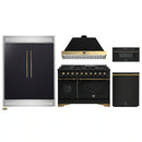 Forno 5-Piece Appliance Package - 48-Inch Dual Fuel Range, 60-Inch Convertible Refrigerator with Modern Trim, Dishwasher, and 30-Inch Microwave Drawer in Black with Antique Brass Handle