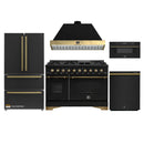 Forno Antico 5-Piece Appliance Package - 48-Inch Dual Fuel Range, 48-Inch Hood, 36-Inch Refrigerator, 24-Inch Dishwasher, & 30-Inch Microwave Drawer in Black with Antique Brass Trim