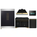 Forno 5-Piece Appliance Package - 48-Inch Dual Fuel Range, 60-Inch Convertible Refrigerator with Modern Trim, Dishwasher, and 24-Inch Microwave Oven in Black with Antique Brass Handle