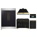 Forno 5-Piece Appliance Package - 48-Inch Dual Fuel Range, 60-Inch Convertible Refrigerator with Modern Trim, Dishwasher, and 30-Inch Microwave Oven in Black with Antique Brass Handle
