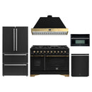 Forno Antico 5-Piece Appliance Package - 48-Inch Dual Fuel Range, 48-Inch Hood, 36-Inch Refrigerator, 24-Inch Dishwasher, & 30-Inch Microwave Oven in Black with Antique Brass Trim
