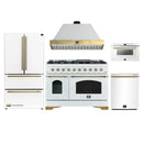 Forno Antico 5-Piece Appliance Package - 48-Inch Dual Fuel Range, 48-Inch Hood, 36-Inch Refrigerator, 24-Inch Dishwasher, & 24-Inch Microwave Drawer in White with Antique Brass Trim