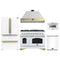 Forno Antico 5-Piece Appliance Package - 48-Inch Dual Fuel Range, 48-Inch Hood, 36-Inch Refrigerator, 24-Inch Dishwasher, & 24-Inch Microwave Drawer in White with Antique Brass Trim