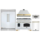 Forno 5-Piece Appliance Package - 48-Inch Antico Dual Fuel Range, Wall Mount Range Hood, 60-Inch Refrigerator, Dishwasher, & 30-Inch Microwave Drawer in White with Antique Brass Handle