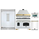 Forno 5-Piece Appliance Package - 48-Inch Antico Dual Fuel Range, Wall Mount Range Hood, 60-Inch Refrigerator, Dishwasher, & 24-Inch Microwave Oven in White with Antique Brass Handle