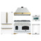 Forno Antico 5-Piece Appliance Package - 48-Inch Dual Fuel Range, 48-Inch Hood, 36-Inch Refrigerator, 24-Inch Dishwasher, & 24-Inch Microwave Oven in White with Antique Brass Trim