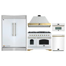 Forno 5-Piece Appliance Package - 48-Inch Antico Dual Fuel Range, Wall Mount Range Hood, 60-Inch Refrigerator, Dishwasher, & 30-Inch Microwave Oven in White with Antique Brass Handle
