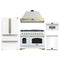 Forno Antico 5-Piece Appliance Package - 48-Inch Dual Fuel Range, 48-Inch Hood, 36-Inch Refrigerator, 24-Inch Dishwasher, & 30-Inch Microwave Oven in White with Antique Brass Trim