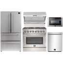 Forno 5-Piece Appliance Package - 36-Inch Dual Fuel Range, Refrigerator, Wall Mount Hood with Backsplash, 24-Inch Microwave Drawer, & 3-Rack Dishwasher in Stainless Steel