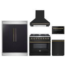 Forno 5-Piece Appliance Package - 36-Inch Dual Fuel Range, Wall Mount Range Hood, 60-Inch Refrigerator, Dishwasher, and 24-Inch Microwave Drawer in Black with Antique Brass Handle