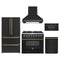 Forno 5-Piece Appliance Package - 36-Inch Galiano Dual Fuel Range, Wall Mount Range Hood, 36-Inch Refrigerator, Dishwasher, and 30-Inch Microwave Drawer in Black with Antique Brass Trim