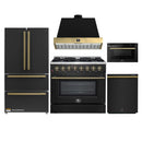 Forno Galiano 5-Piece Appliance Package - 36-Inch Dual Fuel Range, 36-Inch Hood, 36-Inch Refrigerator, 24-Inch Dishwasher, & 24-Inch Microwave Drawer in Black with Antique Brass Trim