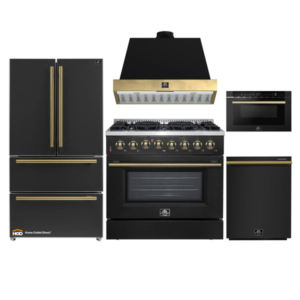 Forno Galiano 5-Piece Appliance Package - 36-Inch Dual Fuel Range, 36-Inch Hood, 36-Inch Refrigerator, 24-Inch Dishwasher, & 24-Inch Microwave Drawer in Black with Antique Brass Trim