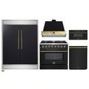 Forno 5-Piece Appliance Package - 36-Inch Dual Fuel Range, Wall Mount Range Hood, 60-Inch Convertible Refrigerator with Modern Trim, Dishwasher, and 30-Inch Microwave Drawer in Black with Antique Brass Handle