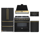 Forno Galiano 5-Piece Appliance Package - 36-Inch Dual Fuel Range, 36-Inch Hood, 36-Inch Refrigerator, 24-Inch Dishwasher, & 30-Inch Microwave Drawer in Black with Antique Brass Trim