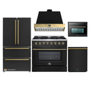 Forno Galiano 5-Piece Appliance Package - 36-Inch Dual Fuel Range, 36-Inch Hood, 36-Inch Refrigerator, 24-Inch Dishwasher, & 24-Inch Microwave Oven in Black with Antique Brass Trim