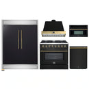 Forno 5-Piece Appliance Package - 36-Inch Dual Fuel Range, Wall Mount Range Hood, 60-Inch Convertible Refrigerator with Modern Trim, Dishwasher, and 30-Inch Microwave Oven in Black with Antique Brass Handle