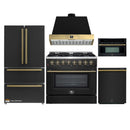 Forno Galiano 5-Piece Appliance Package - 36-Inch Dual Fuel Range, 36-Inch Hood, 36-Inch Refrigerator, 24-Inch Dishwasher, & 30-Inch Microwave Oven in Black with Antique Brass Trim