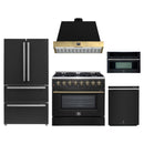 Forno Galiano 5-Piece Appliance Package - 36-Inch Dual Fuel Range, 36-Inch Hood, 36-Inch Refrigerator, 24-Inch Dishwasher, & 30-Inch Microwave Oven in Black with Antique Brass Trim