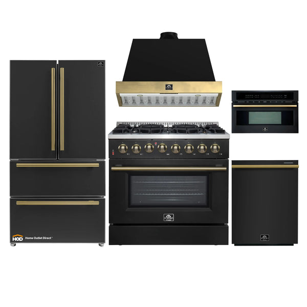 Forno Galiano 5-Piece Appliance Package - 36-Inch Dual Fuel Range, 36-Inch Hood, 36-Inch Refrigerator, 24-Inch Dishwasher, & 30-Inch Microwave Oven in Black with Antique Brass Trim