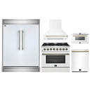 Forno 5-Piece Appliance Package - 36-Inch Dual Fuel Range, Wall Mount Range Hood, 60-Inch Refrigerator, Dishwasher, and 24-Inch Microwave Drawer in White with Antique Brass Handle