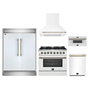 Forno 5-Piece Appliance Package - 36-Inch Dual Fuel Range, Wall Mount Range Hood, 60-Inch Refrigerator, Dishwasher, and 30-Inch Microwave Drawer in White with Antique Brass Handle