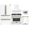 Forno 5-Piece Appliance Package - 36-Inch Dual Fuel Range, Wall Mount Range Hood, 36-Inch Refrigerator, Dishwasher, and 24-Inch Microwave Drawer in White with Antique Brass Handle
