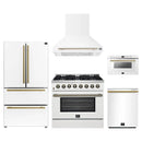 Forno 5-Piece Appliance Package - 36-Inch Dual Fuel Range, Wall Mount Range Hood, 36-Inch Refrigerator, Dishwasher, and 24-Inch Microwave Drawer in White with Antique Brass Handle