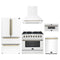 Forno 5-Piece Appliance Package - 36-Inch Galiano Dual Fuel Range, Wall Mount Range Hood, 36-Inch Refrigerator, Dishwasher, and 30-Inch Microwave Drawer in White with Antique Brass Trim
