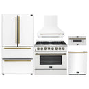 Forno 5-Piece Appliance Package - 36-Inch Dual Fuel Range, Wall Mount Range Hood, 36-Inch Refrigerator, Dishwasher, and 30-Inch Microwave Drawer in White with Antique Brass Handle