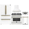 Forno 5-Piece Appliance Package - 36-Inch Dual Fuel Range, Wall Mount Range Hood, 36-Inch Refrigerator, Dishwasher, and 30-Inch Microwave Drawer in White with Antique Brass Handle