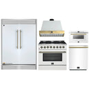 Forno 5-Piece Appliance Package - 36-Inch Galiano Dual Fuel Range, Wall Mount Range Hood, 60-Inch Refrigerator, Dishwasher, & 24-Inch Microwave Drawer in White with Antique Brass Handle