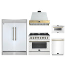 Forno 5-Piece Appliance Package - 36-Inch Galiano Dual Fuel Range, Wall Mount Range Hood, 60-Inch Refrigerator, Dishwasher, & 24-Inch Microwave Drawer in White with Antique Brass Handle