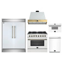 Forno 5-Piece Appliance Package - 36-Inch Dual Fuel Range, Wall Mount Range Hood, 60-Inch Refrigerator, Dishwasher, & 30-Inch Microwave Drawer in White with Antique Brass Handle