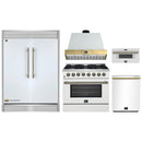 Forno 5-Piece Appliance Package - 36-Inch Galiano Dual Fuel Range, Wall Mount Range Hood, 60-Inch Refrigerator, Dishwasher, & 30-Inch Microwave Drawer in White with Antique Brass Handle