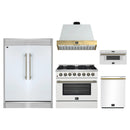 Forno 5-Piece Appliance Package - 36-Inch Galiano Dual Fuel Range, Wall Mount Range Hood, 60-Inch Refrigerator, Dishwasher, & 30-Inch Microwave Drawer in White with Antique Brass Handle