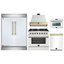 Forno 5-Piece Appliance Package - 36-Inch Dual Fuel Range, Wall Mount Range Hood, 60-Inch Refrigerator, Dishwasher, & 24-Inch Microwave Oven in White with Antique Brass Handle